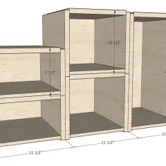 Drewniana szafka na buty z przegrodami i wymiarami.