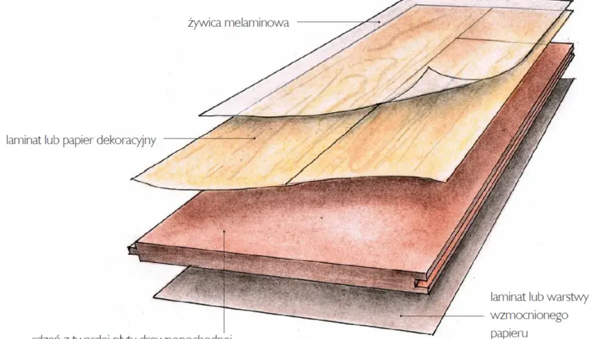 Ilustracja przedstawiająca przekrój panela podłogowego z widocznymi warstwami.