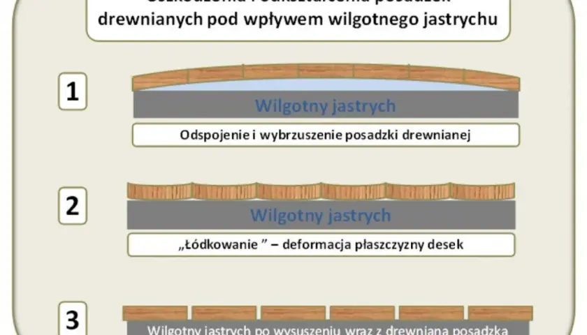 Ilustracja przedstawia uszkodzenia drewnianej posadzki spowodowane wilgotnym jastrychem.